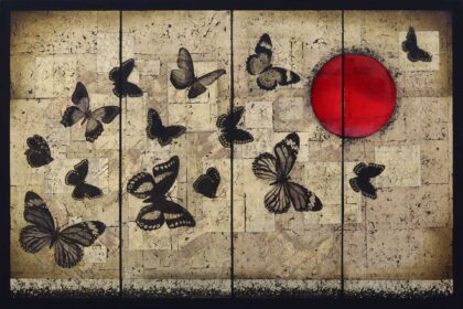 Glen Tong - Butterflies on Gold Leaf with Vermilion Sun